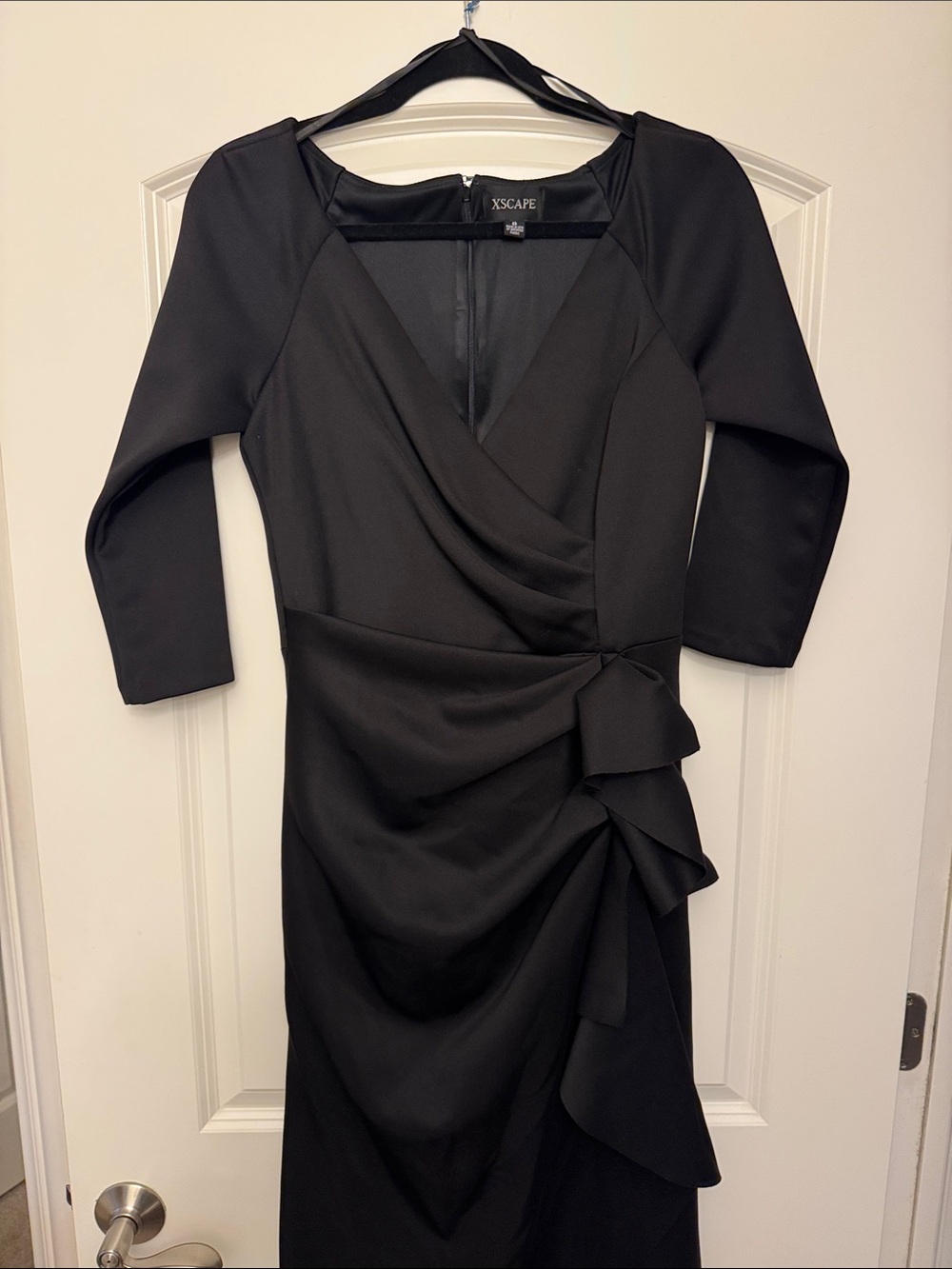 Xscape Black Wrap-Style Ruffle Midi Dress
